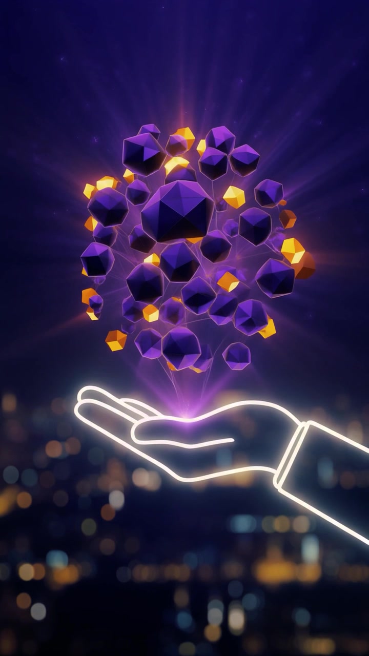 Forme geometriche 3D astratte fluttuanti sopra una sagoma di mano luminosa