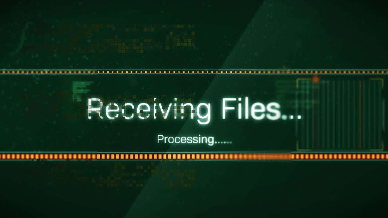 Animation of receiving files and processing files text, loading bars, computer language on squares