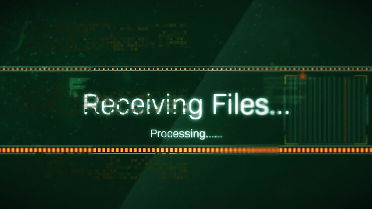 Animation of receiving files and processing files text, loading bars, computer language on squares