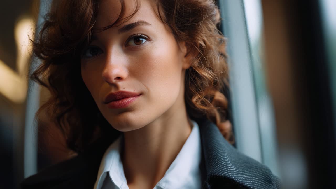 Un ritratto accattivante di una donna con capelli ricci, un outfit elegante e un'espressione pensierosa, catturato in un ambiente urbano con illuminazione naturale.