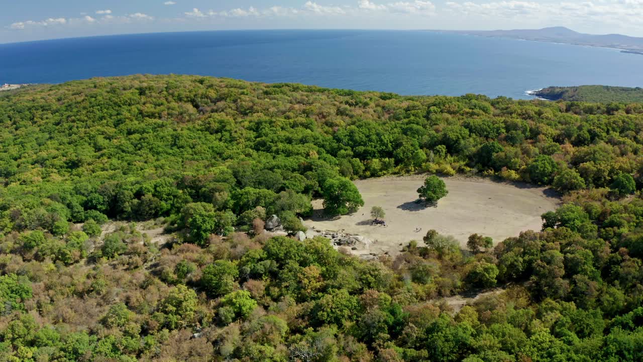 vista aérea del paisaje de bosque verde y el mar negro en el fondo durante un día soleado - toma en órbita