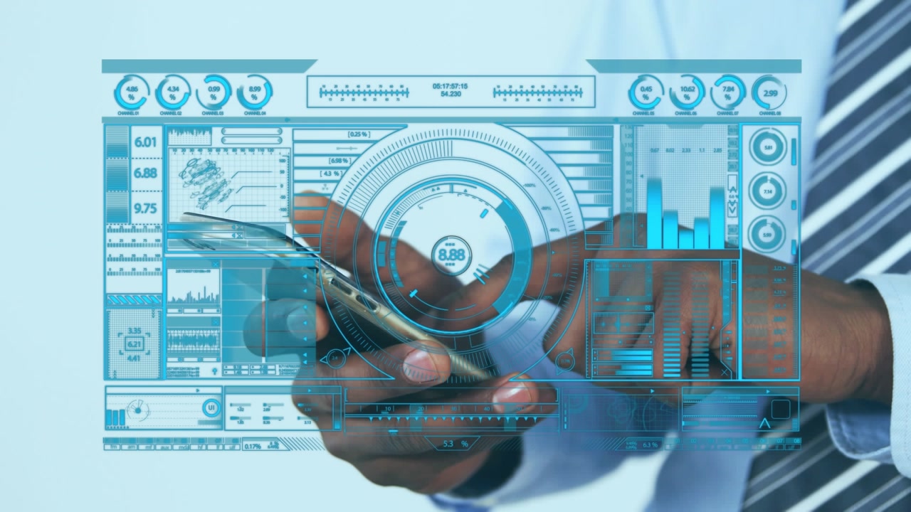 Composition of data processing on interactive screen over businessman in car