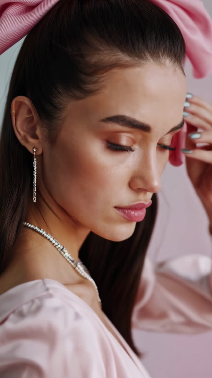 Fashionable Woman with Pink Bow and Jewelry