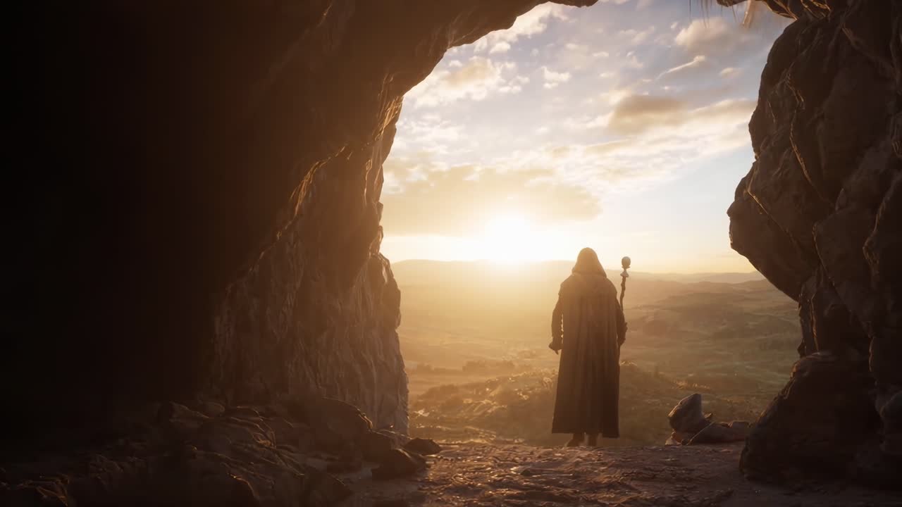 Silhouette di una figura ammantata all'ingresso di una grotta al tramonto, ripresa dal basso, video cinematografico