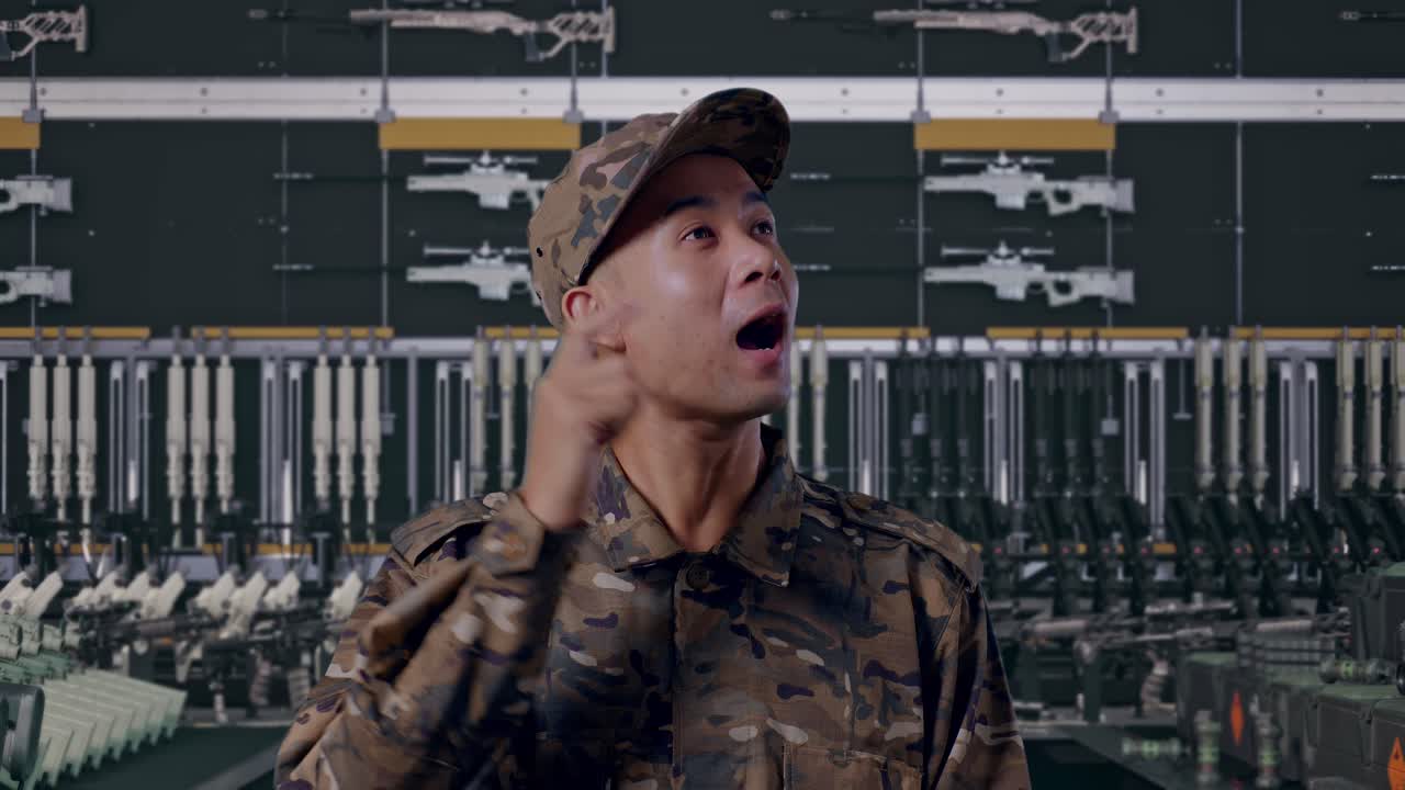 primo piano di un soldato asiatico che pensa e poi alza il dito indice in un arsenale militare