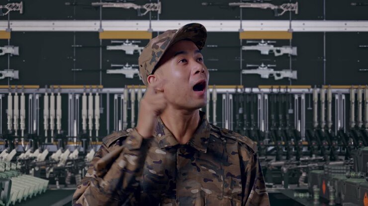 primo piano di un soldato asiatico che pensa e poi alza il dito indice in un arsenale militare