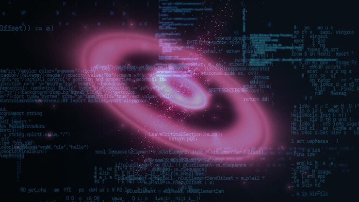 Animation of pink circles over data processing on black background