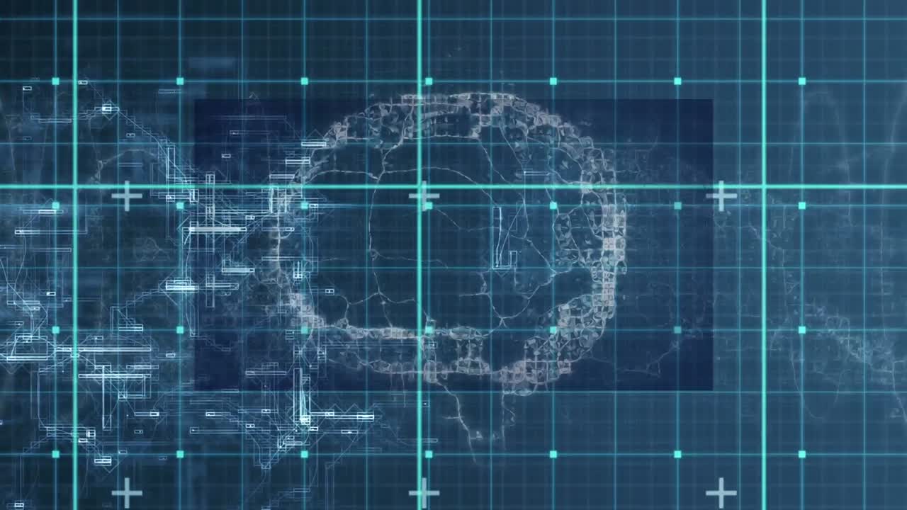 Animation of diverse data and rotating brain over blue digital screen