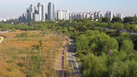 vista panorámica de seúl, gente en bicicleta y carretera cerca del río han