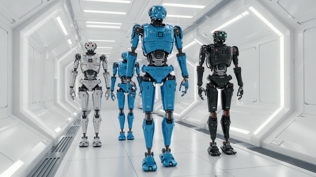 A Journey Through an Advanced Futuristic Corridor with Humanoid Robots Progressing in Unison, Showcasing Their Unique Designs and Technologies