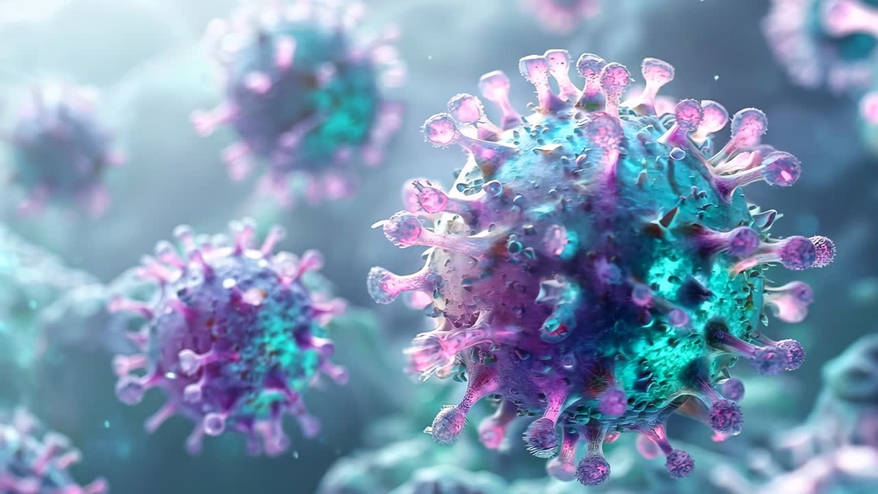 A close up of a virus with pink and blue colors. The virus is surrounded by a blue and purple background