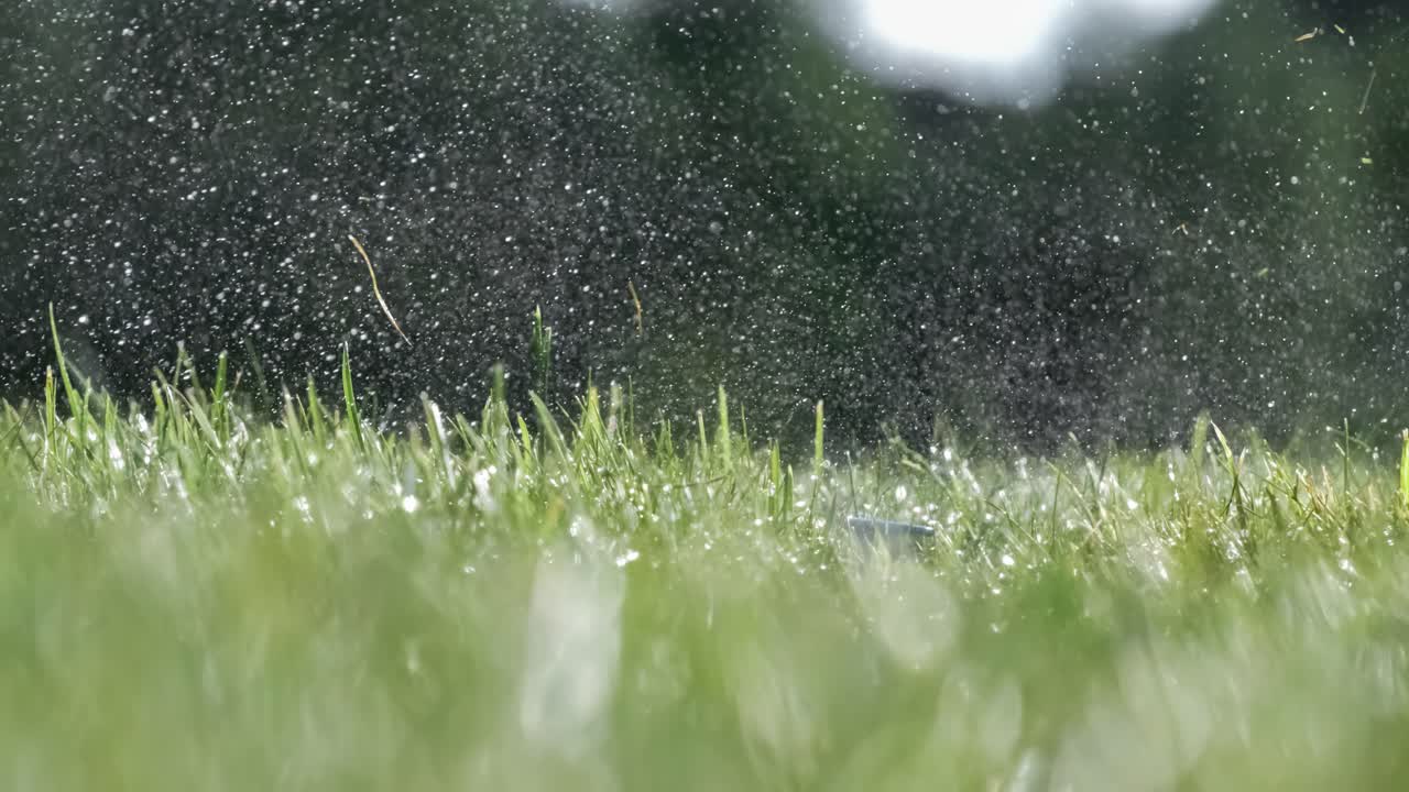 Golf club hits a golf ball in a super slow motion. Drops of morning dew and grass particles rise into the air after the impact.
