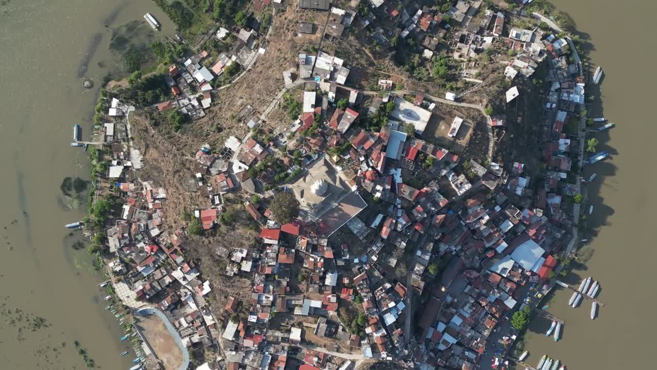 Janitzio Island in Michoacán. Drone shot of a magical town in Mexico.