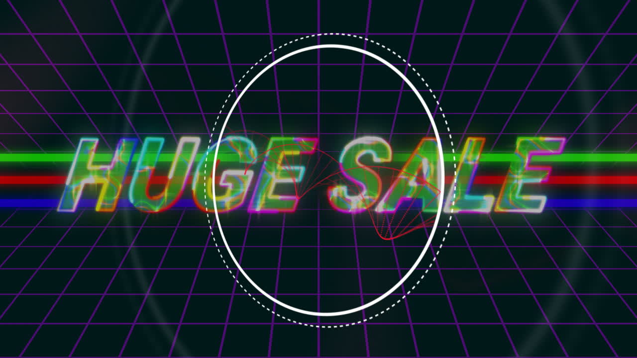 Animation of retro-style huge sale text in neon colors over grid background