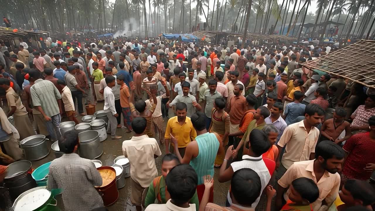 Crowded market scene during community gathering in rural area