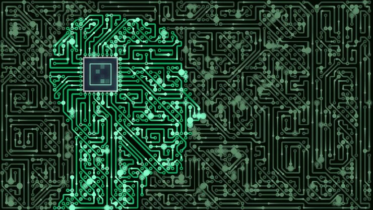 glowing green circuit board forms a human head silhouette, symbolizing artificial intelligence, technological advancement, and complex digital thinking