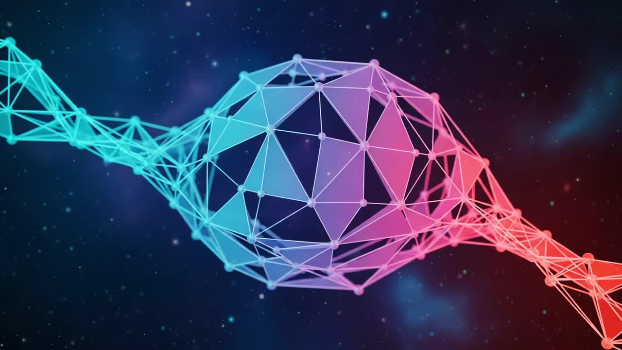 Abstract Visualization of a Geometric Structure in Motion, Featuring Interconnected Nodes and Vibrant Colors Against a Cosmic Background
