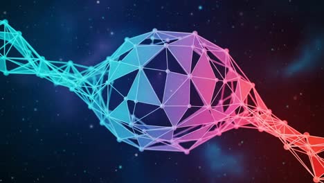 abstract visualization of a geometric structure in motion, featuring interconnected nodes and vibrant colors against a cosmic background