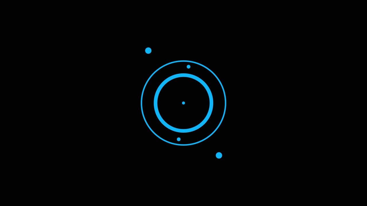 A simple, clean heads-up display element with two central rings and orbiting dots. Seamless loop for technology, science, or user interface concepts. Isolated on black background