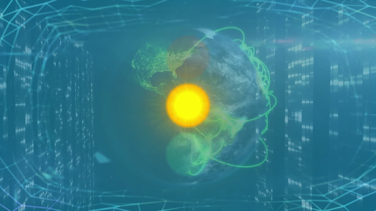 animación de semáforos y senderos de luz verde sobre el globo giratorio y pantallas de cuadrados de mosaico.