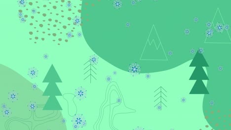 Animation-of-snowflakes-falling-over-christmas-tree-icons-and-abstract-shapes-on-green-background