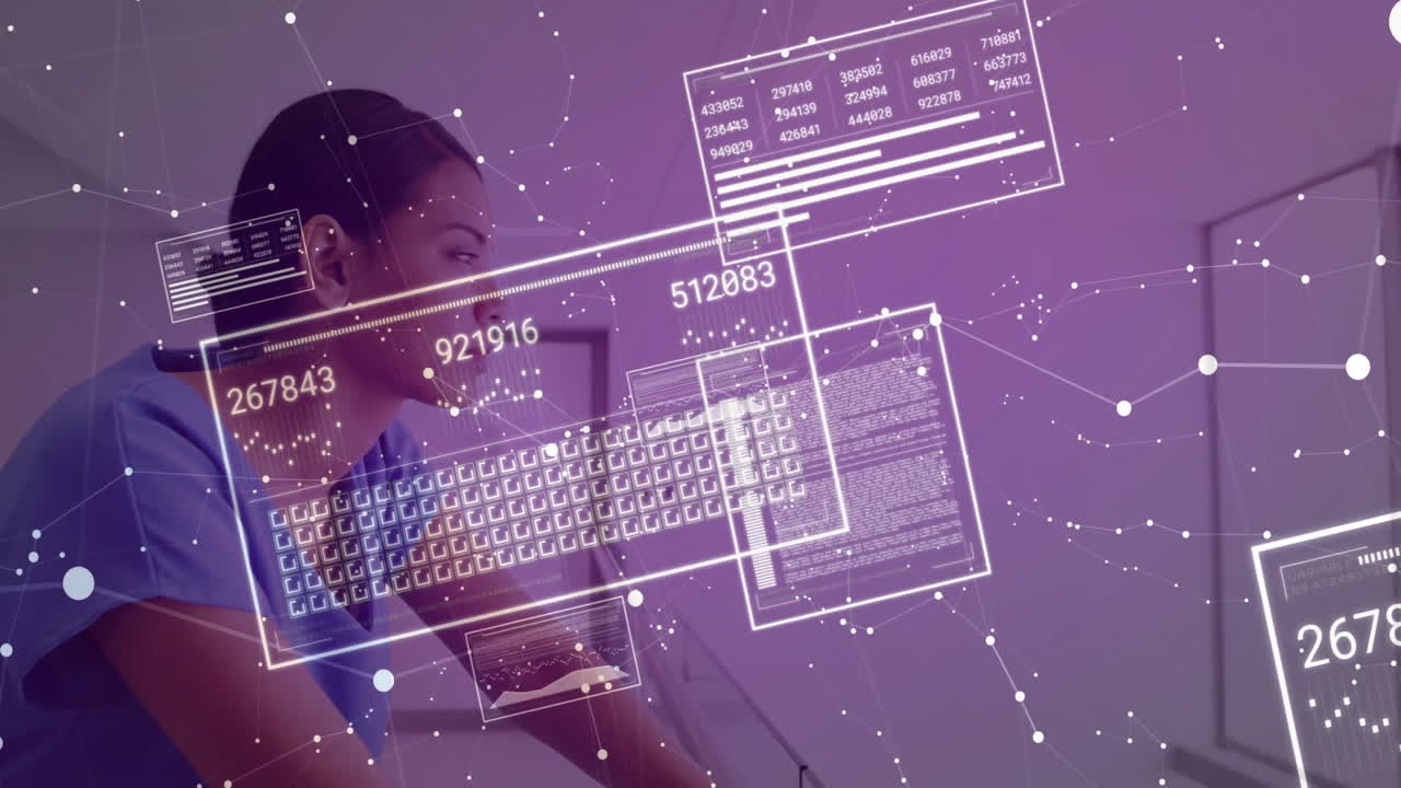 Healthcare professional leaning over desk in clinic, interacting with floating holographic graphs