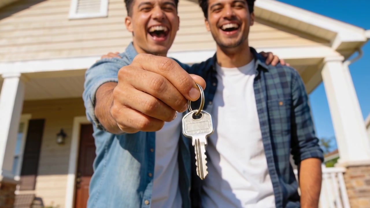 Un uomo porge un portachiavi con la mano sinistra, mentre uomini che ridono festeggiano sul portico d'ingresso, celebrando la nuova casa.