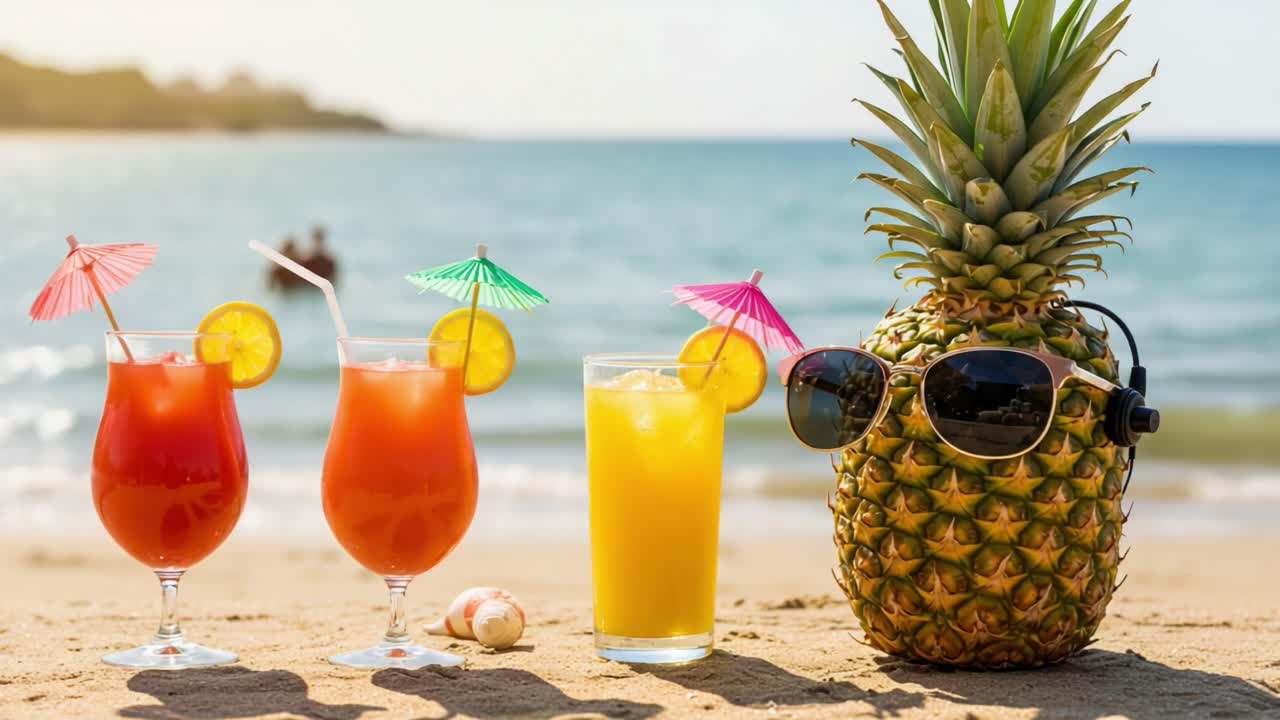 Vibrant Tropical Beach Scene Featuring Refreshing Cocktails and a Funky Pineapple with Sunglasses, Perfect for Summer Vibes and Relaxation by the Coast