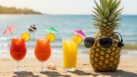 vibrant tropical beach scene featuring refreshing cocktails and a funky pineapple with sunglasses, perfect for summer vibes and relaxation by the coast