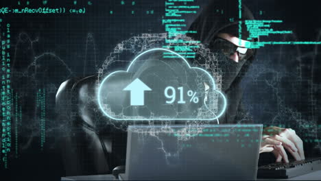 animación de la nube con un número creciente de cerebros digitales, hackers que usan computadoras portátiles y procesamiento de datos