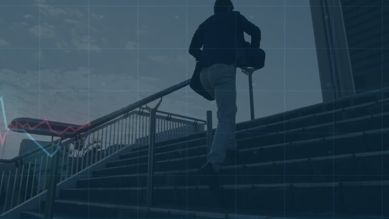 Animation of data processing over caucasian businessman on stairs