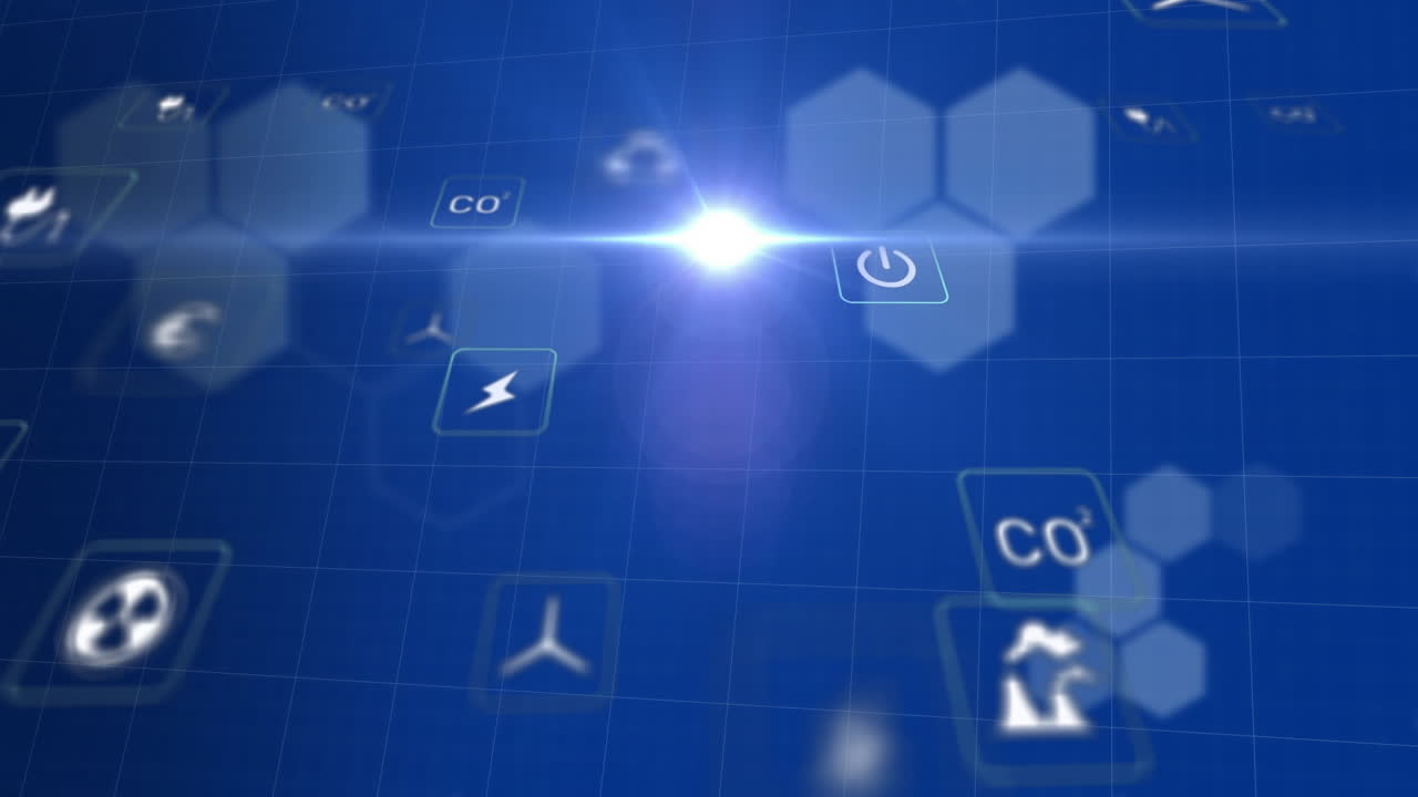 Animation of eco icons and data processing over blue background