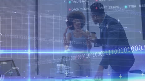 animation of stock market data processing on diverse man and woman discussing over a plan at office