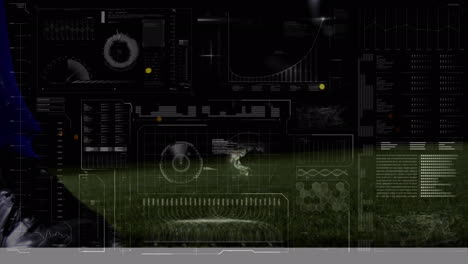 animación del procesamiento de datos digitales en la pantalla sobre el jugador de fútbol pateando la pelota