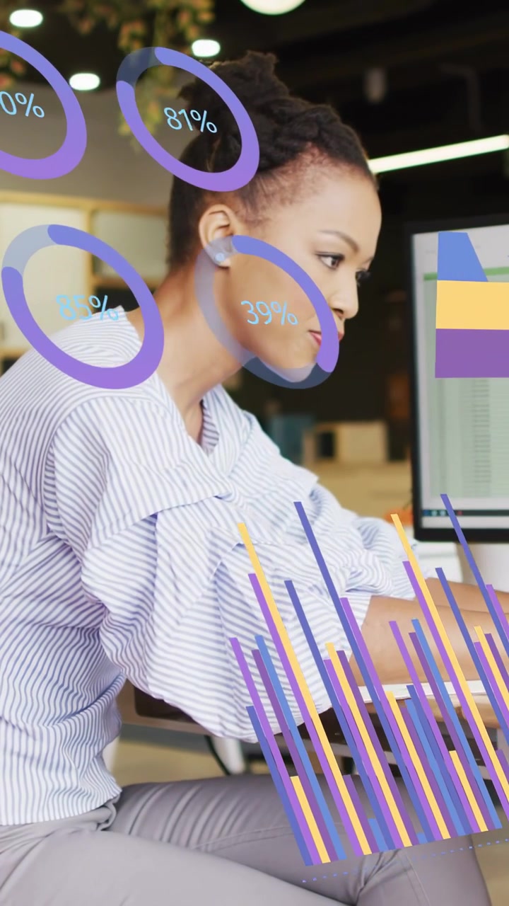Vertical video: Analyst leaning and typing causing donut bars pyramid lines tracking data metrics