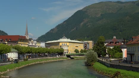 mountain besides spa town bad ischl with river traun flowing through village