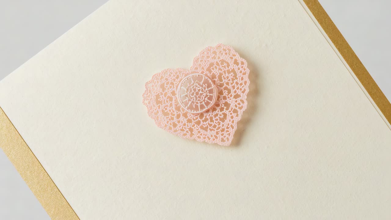 Starting gentle pan, camera revealing pale pink filigree heart on cream card, showcasing gold trim
