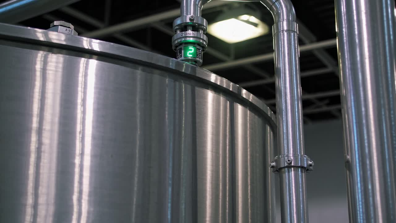 tanque industrial de metal pulido con válvula eléctrica que se abre progresivamente, iluminado por una luz de señal verde dentro de una instalación de fabricación contemporánea que muestra tecnología de automatización