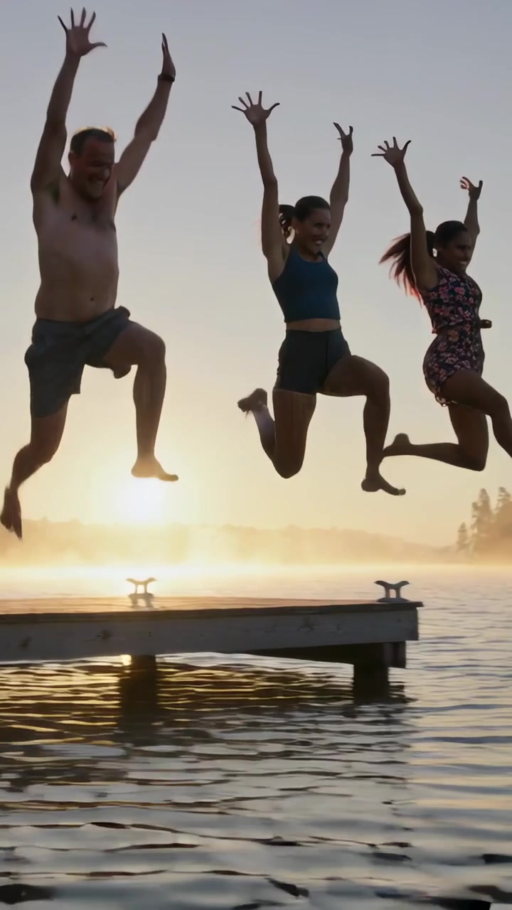 Vertikales Video: Drei Freunde rennen, begrüßen den Sonnenaufgang, sprinten in Badekleidung auf einem Steg, planschen.