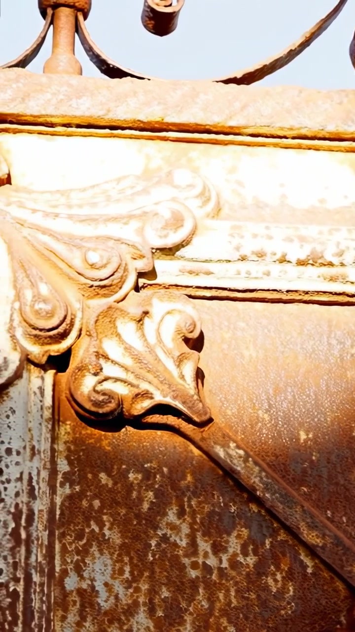 Lodret video: Panorerende kamera bevæger sig opad til højre ved metalport, der afslører blomstret ornamentik og rust