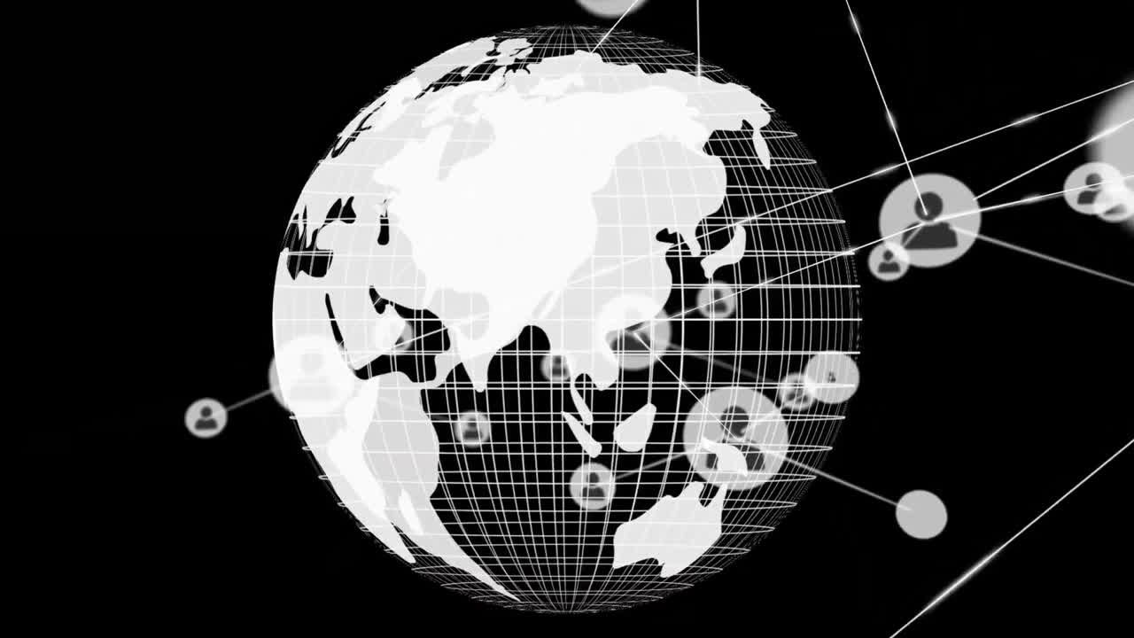 Animation of network of connections with icons and globe on black background