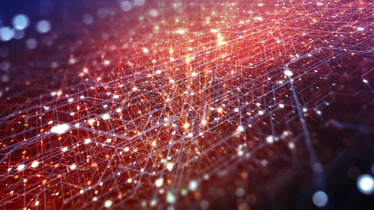 fondo tecnológico abstracto hecho de placa de circuito impreso. profundidad de efecto de campo y bokeh. conexiones a internet, computación en la nube y red neuronal, big data. renderizado en 3d, bucle sin costuras en 4k