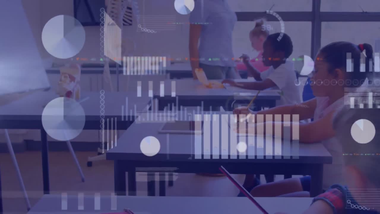 Animation of data processing over diverse schoolchildren in classroom