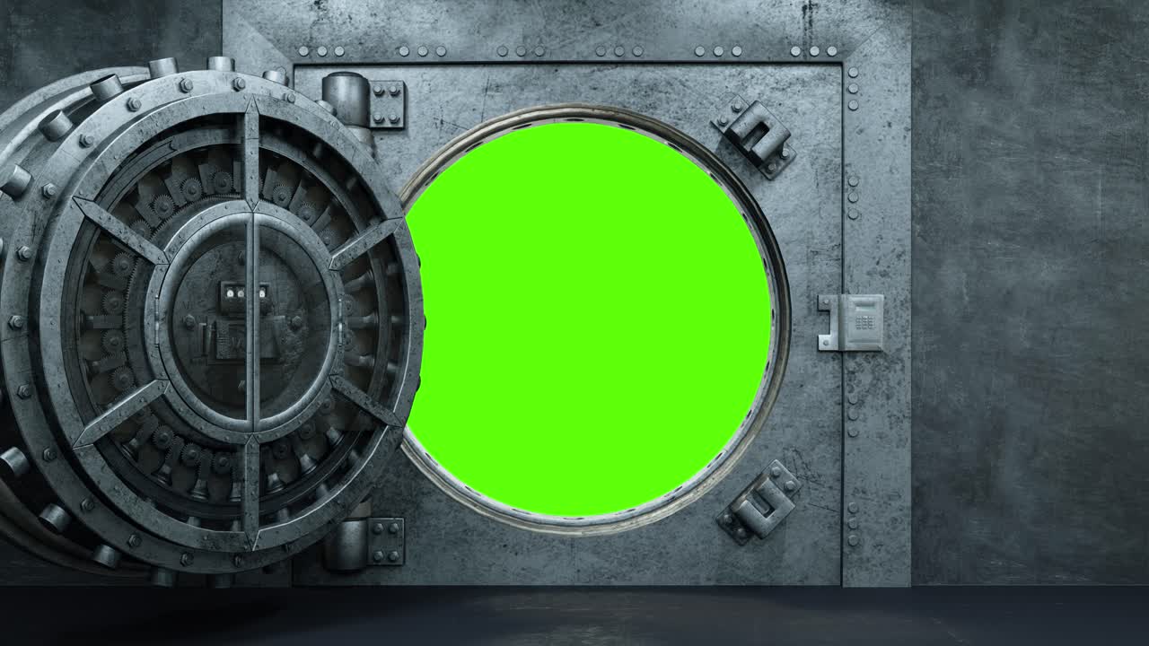 Opening of the vault door in bank on a green background