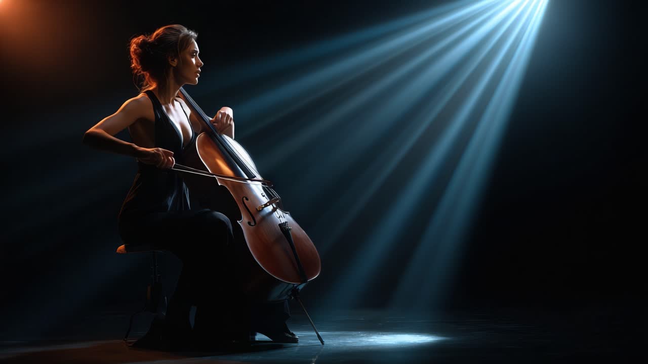 En talentfuld musiker spiller yndefuldt cello under dramatisk belysning, hvilket skaber en fortryllende atmosfære præget af bløde skygger og lyse lysstråler.