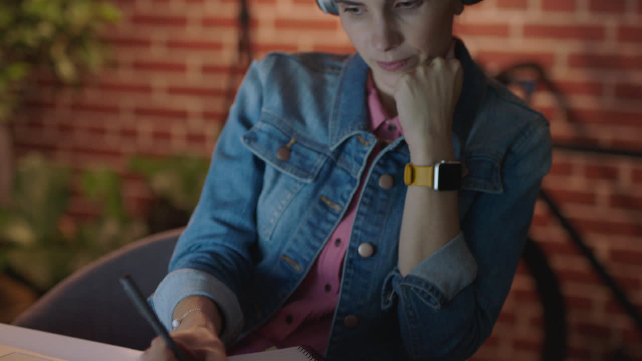 personas de negocios que trabajan hasta tarde en la fecha límite del proyecto mujeres empresarias que usan tabletas digitales escuchando música planeando estrategias escribiendo notas en la oficina por la noche