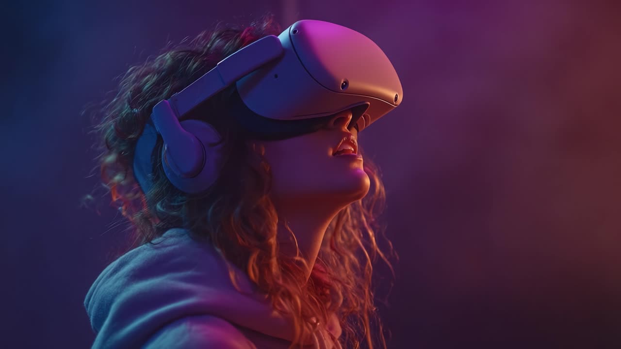 Esplorando nuove realtà: un individuo entusiasta immerso in un'esperienza virtuale con visore e audio in un'atmosfera vibrante e colorata.
