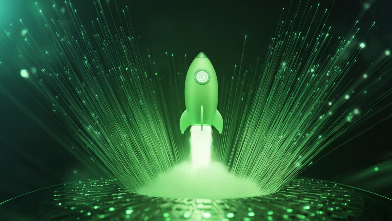 Futuristic green rocket launching from a circuit board amid glowing fiber optics, symbolizing high speed data connection, tech innovation, startup growth and digital business success
