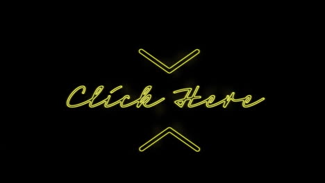 animation of yellow neon text, click here, on black background