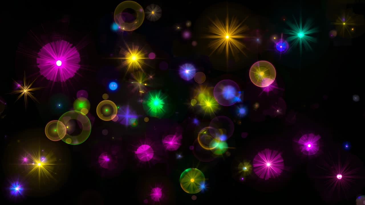 Pulsing core group brightening drifting as frames progress on black void, forming bursts and rings